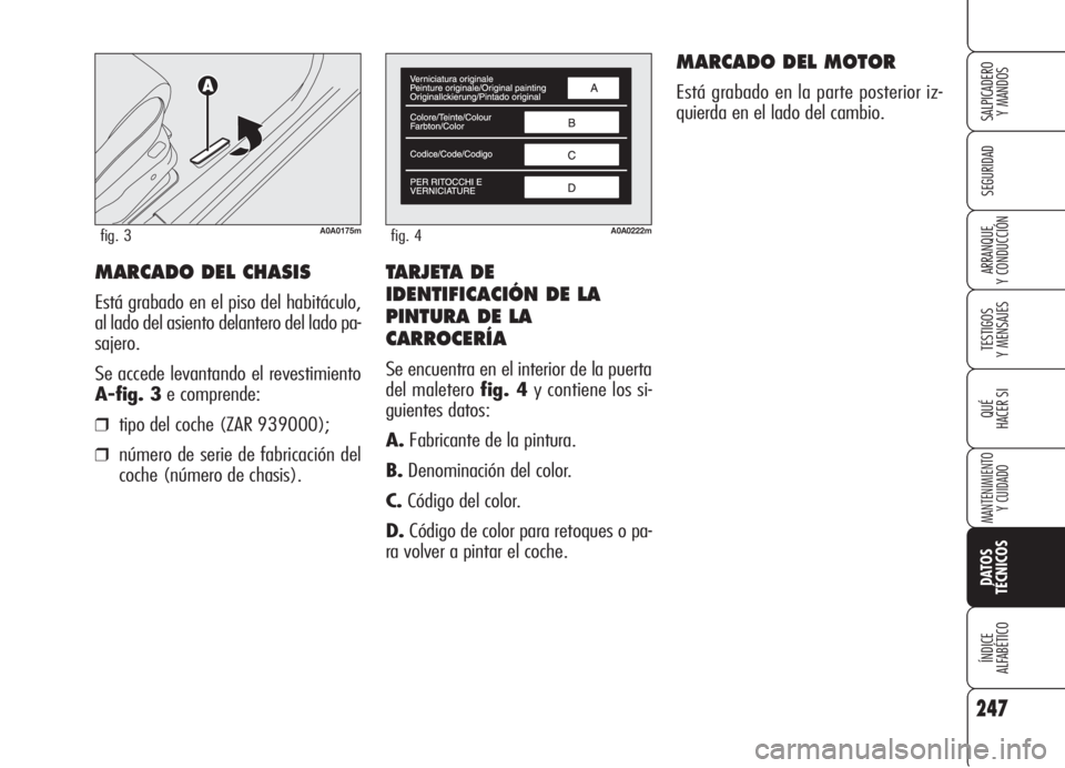 Alfa Romeo 159 2005  Manual de Empleo y Cuidado (in Spanish) TARJETA DE
IDENTIFICACIÓN DE LA 
PINTURA DE LA
CARROCERÍA
Se encuentra en el interior de la puerta
del maletero fig. 4y contiene los si-
guientes datos:
A.Fabricante de la pintura.
B.Denominación d