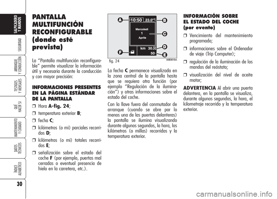 Alfa Romeo 159 2005  Manual de Empleo y Cuidado (in Spanish) 30
SEGURIDAD
TESTIGOS
Y MENSAJES
QUÉ
HACER SI
MANTENIMIENTO
Y CUIDADO
DATOS 
TÉCNICOS
ÍNDICE
ALFABÉTICO
SALPICADERO
Y MANDOS 
ARRANQUE
Y CONDUCCIÓNLa fecha Cpermanece visualizada en
la zona centr