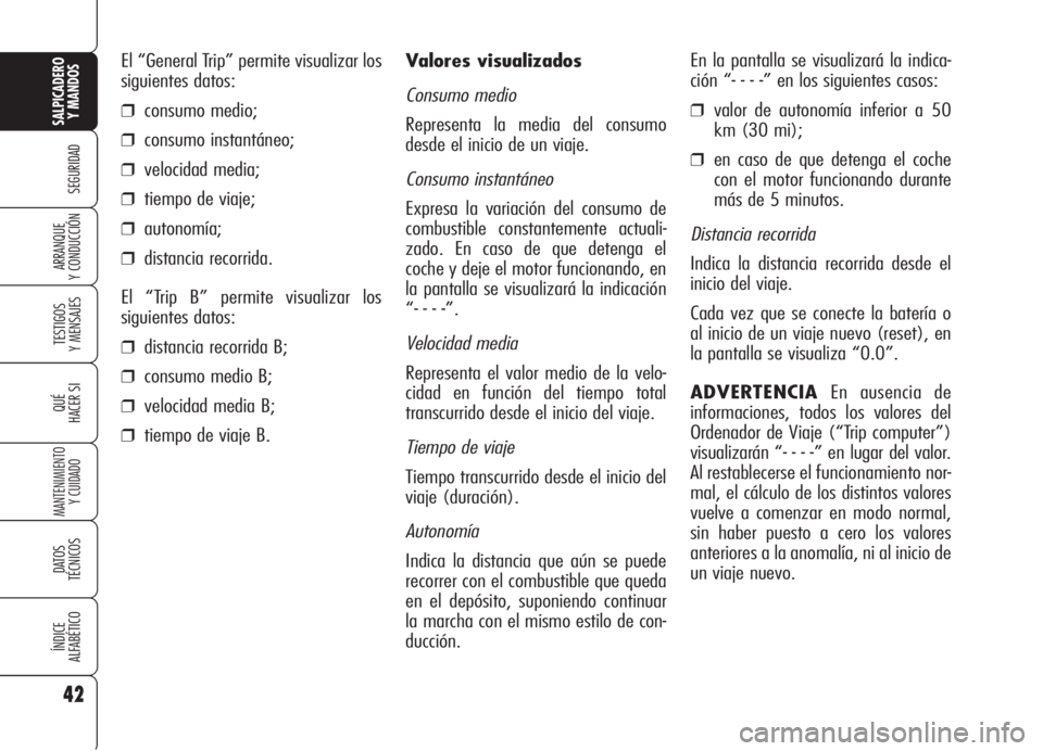 Alfa Romeo 159 2005 Manual de Empleo y Cuidado (in Spanish) 42
SEGURIDAD
TESTIGOS
Y MENSAJES
QUÉ
HACER SI
MANTENIMIENTO
Y CUIDADO
DATOS
TÉCNICOS
ÍNDICE
ALFABÉTICO
SALPICADERO
Y MANDOS
ARRANQUE
Y CONDUCCIÓN
Valores visualizados
Consumo medio
Representa l Alfa Romeo 159 2005 Manual de Empleo y Cuidado (in Spanish) 42
SEGURIDAD
TESTIGOS
Y MENSAJES
QUÉ
HACER SI
MANTENIMIENTO
Y CUIDADO
DATOS
TÉCNICOS
ÍNDICE
ALFABÉTICO
SALPICADERO
Y MANDOS
ARRANQUE
Y CONDUCCIÓN
Valores visualizados
Consumo medio
Representa l