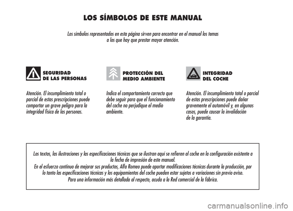 Alfa Romeo 159 2005  Manual de Empleo y Cuidado (in Spanish) LOS SÍMBOLOS DE ESTE MANUAL
Los símbolos representados en esta página sirven para encontrar en el manual los temas 
a los que hay que prestar mayor atención.
Atención. El incumplimiento total o 
