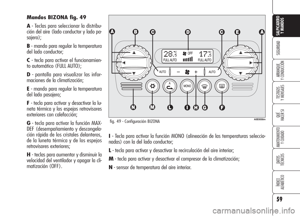 Alfa Romeo 159 2005  Manual de Empleo y Cuidado (in Spanish) 59
SEGURIDAD
TESTIGOS
Y MENSAJES
QUÉ
HACER SI
MANTENIMIENTO
Y CUIDADO
DATOS 
TÉCNICOS
ÍNDICE
ALFABÉTICO 
SALPICADERO
Y MANDOS 
ARRANQUE
Y CONDUCCIÓN
I- Tecla para activar la función MONO (alinea