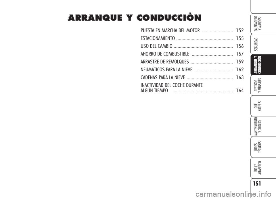 Alfa Romeo 159 2006 Manual de Empleo y Cuidado (in Spanish) 151
SEGURIDAD
TESTIGOS
Y MENSAJES
QUÉ
HACER SI
MANTENIMIENTO
Y CUIDADO
DATOS
TÉCNICOS
ÍNDICE
ALFABÉTICO
SALPICADERO
Y MANDOS
ARRANQUE Y
CONDUCCIÓN
A A
R R
R R
A A
N N
Q Q
U U
E E
Y Y
C C
O O
N Alfa Romeo 159 2006 Manual de Empleo y Cuidado (in Spanish) 151
SEGURIDAD
TESTIGOS
Y MENSAJES
QUÉ
HACER SI
MANTENIMIENTO
Y CUIDADO
DATOS
TÉCNICOS
ÍNDICE
ALFABÉTICO
SALPICADERO
Y MANDOS
ARRANQUE Y
CONDUCCIÓN
A A
R R
R R
A A
N N
Q Q
U U
E E
Y Y
C C
O O
N