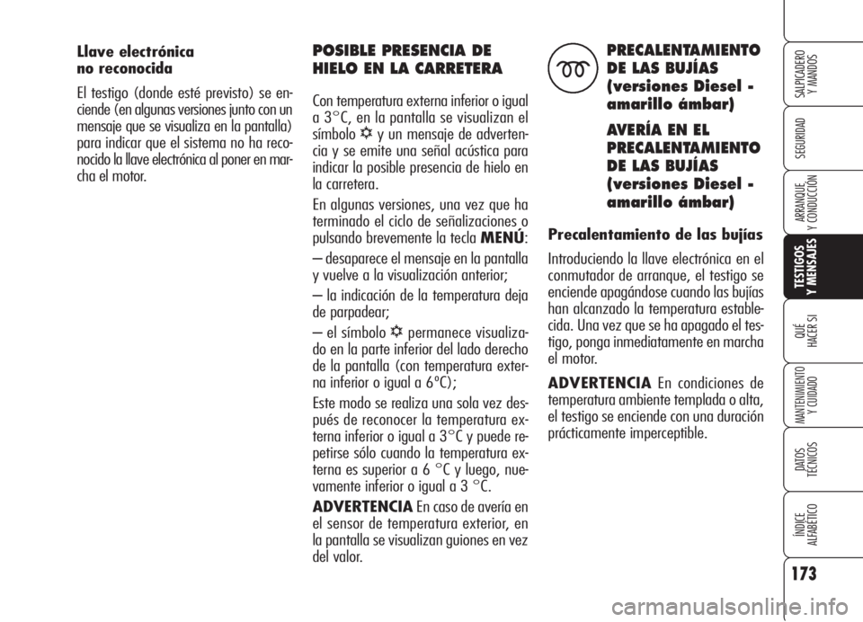 Alfa Romeo 159 2006 Manual de Empleo y Cuidado (in Spanish) Llave electrónica
no reconocida
El testigo (donde esté previsto) se en-
ciende (en algunas versiones junto con un
mensaje que se visualiza en la pantalla)
para indicar que el sistema no ha reco-
no Alfa Romeo 159 2006 Manual de Empleo y Cuidado (in Spanish) Llave electrónica
no reconocida
El testigo (donde esté previsto) se en-
ciende (en algunas versiones junto con un
mensaje que se visualiza en la pantalla)
para indicar que el sistema no ha reco-
no