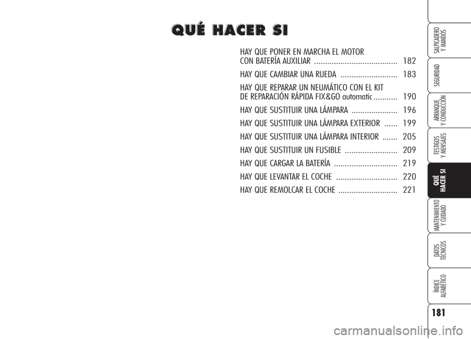 Alfa Romeo 159 2006 Manual de Empleo y Cuidado (in Spanish) 181
SEGURIDAD
TESTIGOS
Y MENSAJES
QUÉ
HACER SI
MANTENIMIENTO
Y CUIDADO
DATOS
TÉCNICOS
ÍNDICE
ALFABÉTICO
SALPICADERO
Y MANDOS
ARRANQUE
Y CONDUCCIÓN
Q Q
U U
É É
H H
A A
C C
E E
R R
S S
I I
HAY Alfa Romeo 159 2006 Manual de Empleo y Cuidado (in Spanish) 181
SEGURIDAD
TESTIGOS
Y MENSAJES
QUÉ
HACER SI
MANTENIMIENTO
Y CUIDADO
DATOS
TÉCNICOS
ÍNDICE
ALFABÉTICO
SALPICADERO
Y MANDOS
ARRANQUE
Y CONDUCCIÓN
Q Q
U U
É É
H H
A A
C C
E E
R R
S S
I I
HAY