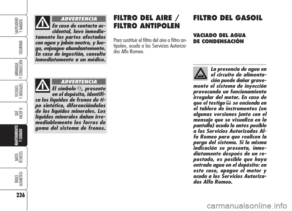 Alfa Romeo 159 2006  Manual de Empleo y Cuidado (in Spanish) 236
SEGURIDAD
TESTIGOS
Y MENSAJES
QUÉ
HACER SI
MANTENIMIENTO
Y CUIDADO
DATOS 
TÉCNICOS
ÍNDICE
ALFABÉTICO
SALPICADERO
Y MANDOS 
ARRANQUE
Y CONDUCCIÓN
En caso de contacto ac-
cidental, lave inmedia