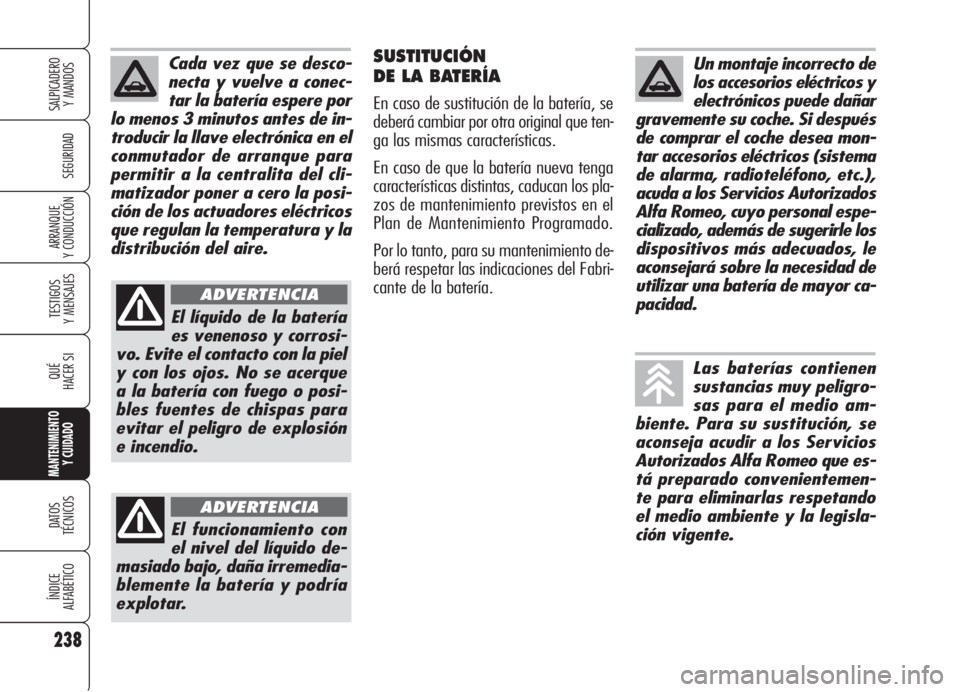 Alfa Romeo 159 2006  Manual de Empleo y Cuidado (in Spanish) 238
SEGURIDAD
TESTIGOS
Y MENSAJES
QUÉ
HACER SI
MANTENIMIENTO
Y CUIDADO
DATOS 
TÉCNICOS
ÍNDICE
ALFABÉTICO
SALPICADERO
Y MANDOS 
ARRANQUE
Y CONDUCCIÓN
SUSTITUCIÓN
DE LA BATERÍA
En caso de sustitu