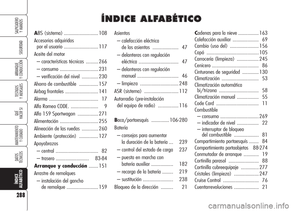 Alfa Romeo 159 2006  Manual de Empleo y Cuidado (in Spanish) 288
SEGURIDAD
TESTIGOS
Y MENSAJES
QUÉ
HACER SI
MANTENIMIENTO
Y CUIDADO
DATOS 
TÉCNICOS
ÍNDICE
ALFABÉTICO
SALPICADERO
Y MANDOS 
ARRANQUE
Y CONDUCCIÓN
Asientos
– calefacción eléctrica 
de los a