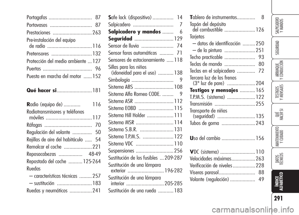 Alfa Romeo 159 2006  Manual de Empleo y Cuidado (in Spanish) 291
SEGURIDAD
TESTIGOS
Y MENSAJES
QUÉ
HACER SI
MANTENIMIENTO
Y CUIDADO 
DATOS 
TÉCNICOS
ÍNDICE
ALFABÉTICO
SALPICADERO
Y MANDOS 
ARRANQUE
Y CONDUCCIÓN
Safe lock (dispositivo) ............... 14
Sa