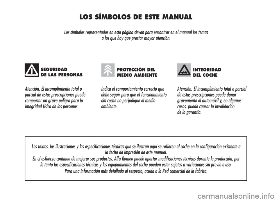Alfa Romeo 159 2006  Manual de Empleo y Cuidado (in Spanish) LOS SÍMBOLOS DE ESTE MANUAL
Los símbolos representados en esta página sirven para encontrar en el manual los temas 
a los que hay que prestar mayor atención.
Atención. El incumplimiento total o 
