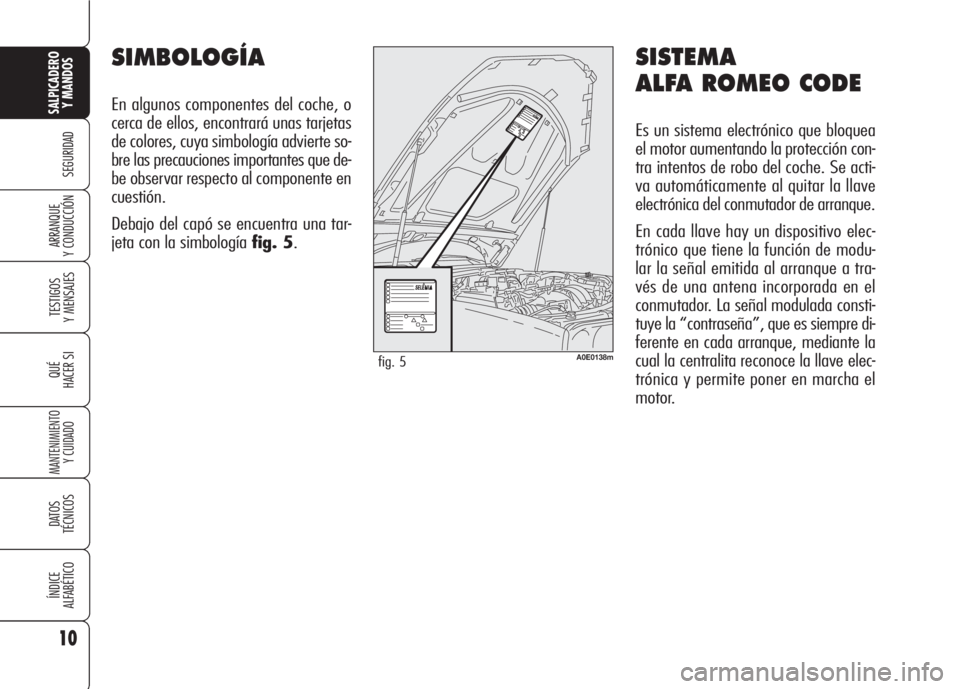 Alfa Romeo 159 2007 Manual de Empleo y Cuidado (in Spanish) 10
SEGURIDAD
TESTIGOS
Y MENSAJES
QUÉ
HACER SI
MANTENIMIENTO
Y CUIDADO
DATOS
TÉCNICOS
ÍNDICE
ALFABÉTICO
SALPICADERO
Y MANDOS
ARRANQUE
Y CONDUCCIÓN
SISTEMA
ALFA ROMEO CODE
Es un sistema electrón Alfa Romeo 159 2007 Manual de Empleo y Cuidado (in Spanish) 10
SEGURIDAD
TESTIGOS
Y MENSAJES
QUÉ
HACER SI
MANTENIMIENTO
Y CUIDADO
DATOS
TÉCNICOS
ÍNDICE
ALFABÉTICO
SALPICADERO
Y MANDOS
ARRANQUE
Y CONDUCCIÓN
SISTEMA
ALFA ROMEO CODE
Es un sistema electrón
