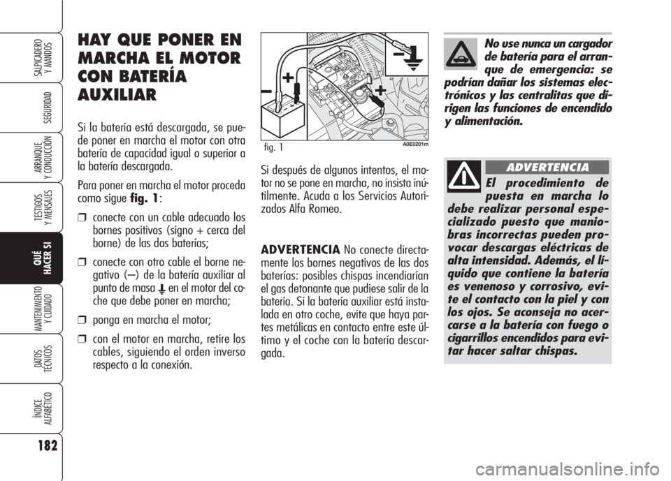 Alfa Romeo 159 2007  Manual de Empleo y Cuidado (in Spanish) 182
SEGURIDAD
TESTIGOS
Y MENSAJES
QUÉ
HACER SI
MANTENIMIENTO
Y CUIDADO
DATOS 
TÉCNICOS
ÍNDICE
ALFABÉTICO
SALPICADERO
Y MANDOS 
ARRANQUE
Y CONDUCCIÓN
ADVERTENCIANo conecte directa-
mente los borne