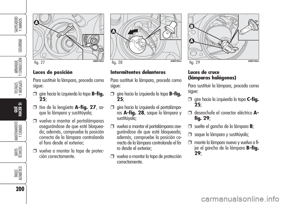 Alfa Romeo 159 2007  Manual de Empleo y Cuidado (in Spanish) Luces de posición
Para sustituir la lámpara, proceda como
sigue:
❒gire hacia la izquierda la tapa B-fig.
25;
❒tire de la lengüeta A-fig. 27, sa-
que la lámpara y sustitúyala;
❒vuelva a mont