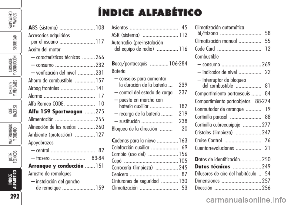 Alfa Romeo 159 2007  Manual de Empleo y Cuidado (in Spanish) 292
SEGURIDAD
TESTIGOS
Y MENSAJES
QUÉ
HACER SI
MANTENIMIENTO
Y CUIDADO
DATOS 
TÉCNICOS
ÍNDICE
ALFABÉTICO
SALPICADERO
Y MANDOS 
ARRANQUE
Y CONDUCCIÓN
Asientos .................................. 45