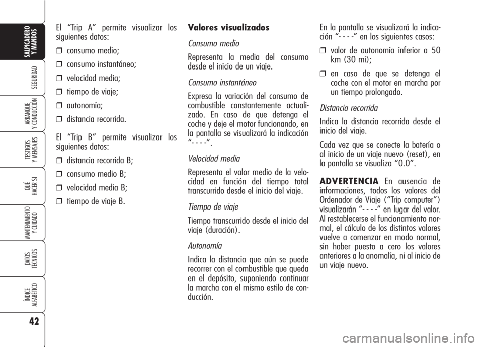 Alfa Romeo 159 2007 Manual de Empleo y Cuidado (in Spanish) 42
SEGURIDAD
TESTIGOS
Y MENSAJES
QUÉ
HACER SI
MANTENIMIENTO
Y CUIDADO
DATOS
TÉCNICOS
ÍNDICE
ALFABÉTICO
SALPICADERO
Y MANDOS
ARRANQUE
Y CONDUCCIÓN
Valores visualizados
Consumo medio
Representa l Alfa Romeo 159 2007 Manual de Empleo y Cuidado (in Spanish) 42
SEGURIDAD
TESTIGOS
Y MENSAJES
QUÉ
HACER SI
MANTENIMIENTO
Y CUIDADO
DATOS
TÉCNICOS
ÍNDICE
ALFABÉTICO
SALPICADERO
Y MANDOS
ARRANQUE
Y CONDUCCIÓN
Valores visualizados
Consumo medio
Representa l