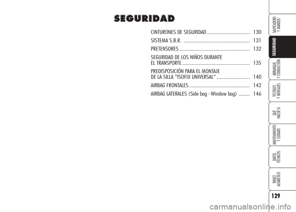 Alfa Romeo 159 2008  Manual de Empleo y Cuidado (in Spanish) 129
SEGURIDAD
TESTIGOS
Y MENSAJES
QUÉ
HACER SI
MANTENIMIENTO
Y CUIDADO
DATOS 
TÉCNICOS
ÍNDICE
ALFABÉTICO 
SALPICADERO
Y MANDOS 
ARRANQUE
Y CONDUCCIÓN
S S
E E
G G
U U
R R
I I
D D
A A
D D
CINTURONE