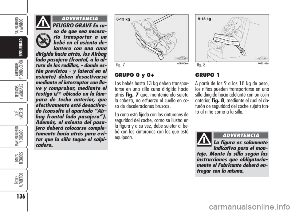 Alfa Romeo 159 2008  Manual de Empleo y Cuidado (in Spanish) 136
SEGURIDAD
TESTIGOS
Y MENSAJES
QUÉ
HACER SI
MANTENIMIENTO
Y CUIDADO
DATOS 
TÉCNICOS
ÍNDICE
ALFABÉTICO
SALPICADERO
Y MANDOS 
ARRANQUE
Y CONDUCCIÓNGRUPO 0 y 0+
Los bebés hasta 13 kg deben trans