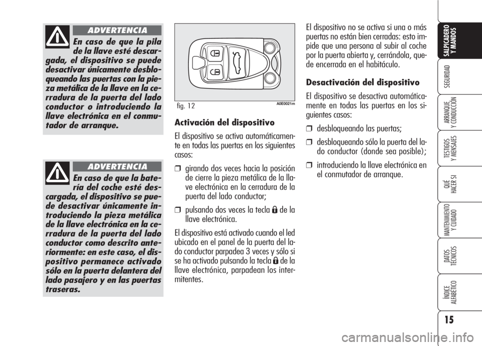 Alfa Romeo 159 2008  Manual de Empleo y Cuidado (in Spanish) 15
SEGURIDAD
TESTIGOS
Y MENSAJES
QUÉ
HACER SI
MANTENIMIENTO
Y CUIDADO
DATOS 
TÉCNICOS
ÍNDICE
ALFABÉTICO 
SALPICADERO
Y MANDOS 
ARRANQUE
Y CONDUCCIÓN
En caso de que la pila
de la llave esté desca