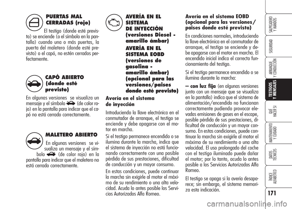 Alfa Romeo 159 2008  Manual de Empleo y Cuidado (in Spanish) MALETERO ABIERTO
En algunas versiones  se vi-
sualiza un mensaje y el sím-
bolo
R(de color rojo) en la
pantalla para indicar que el maletero no
está cerrado correctamente.
CAPÓ ABIERTO 
(donde est