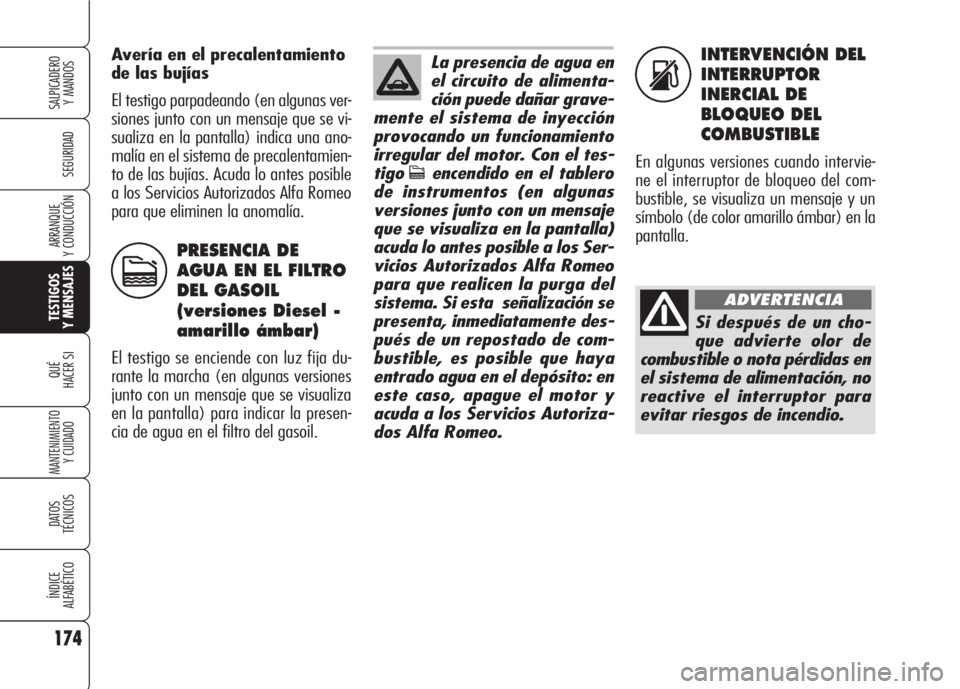 Alfa Romeo 159 2008  Manual de Empleo y Cuidado (in Spanish) INTERVENCIÓN DEL
INTERRUPTOR
INERCIAL DE
BLOQUEO DEL
COMBUSTIBLE
En algunas versiones cuando intervie-
ne el interruptor de bloqueo del com-
bustible, se visualiza un mensaje y un
símbolo (de color 