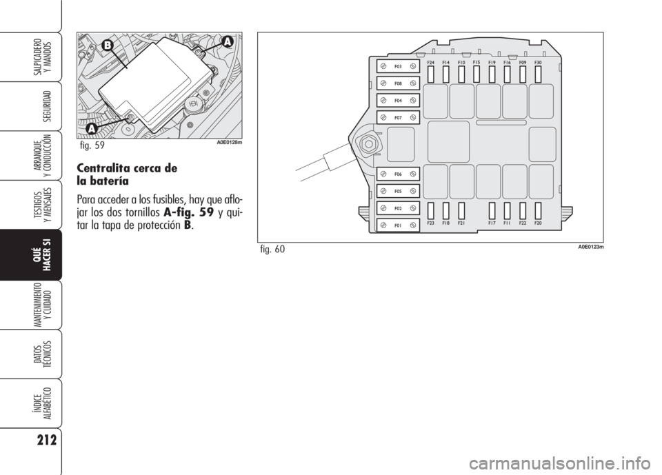 Alfa Romeo 159 2008 Manual de Empleo y Cuidado (in Spanish) Centralita cerca de
la batería
Para acceder a los fusibles, hay que aflo-
jar los dos tornillos A-fig. 59 y qui-
tar la tapa de protección B.
212
SEGURIDAD
TESTIGOS
Y MENSAJES
QUÉ
HACER SI
MANTENI Alfa Romeo 159 2008 Manual de Empleo y Cuidado (in Spanish) Centralita cerca de
la batería
Para acceder a los fusibles, hay que aflo-
jar los dos tornillos A-fig. 59 y qui-
tar la tapa de protección B.
212
SEGURIDAD
TESTIGOS
Y MENSAJES
QUÉ
HACER SI
MANTENI