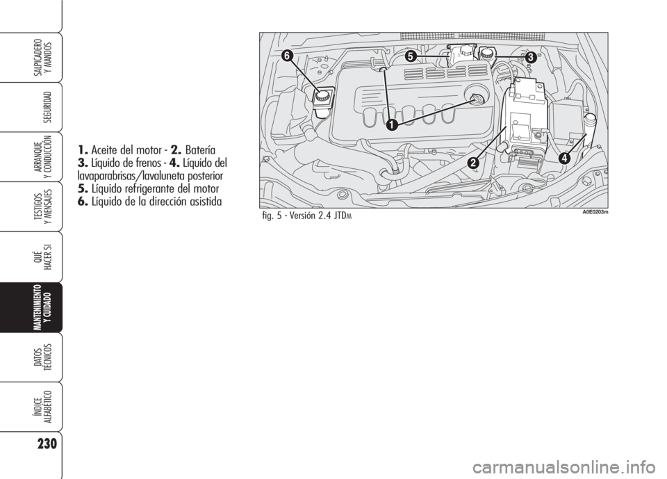 Alfa Romeo 159 2008 Manual de Empleo y Cuidado (in Spanish) 230
SEGURIDAD
TESTIGOS
Y MENSAJES
QUÉ
HACER SI
MANTENIMIENTO
Y CUIDADO
DATOS
TÉCNICOS
ÍNDICE
ALFABÉTICO
SALPICADERO
Y MANDOS
ARRANQUE
Y CONDUCCIÓN
fig. 5 - Versión 2.4 JTDMA0E0203m
1.Aceite de Alfa Romeo 159 2008 Manual de Empleo y Cuidado (in Spanish) 230
SEGURIDAD
TESTIGOS
Y MENSAJES
QUÉ
HACER SI
MANTENIMIENTO
Y CUIDADO
DATOS
TÉCNICOS
ÍNDICE
ALFABÉTICO
SALPICADERO
Y MANDOS
ARRANQUE
Y CONDUCCIÓN
fig. 5 - Versión 2.4 JTDMA0E0203m
1.Aceite de