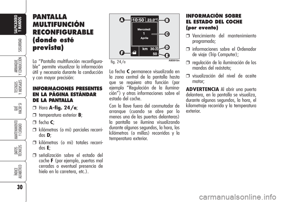 Alfa Romeo 159 2008  Manual de Empleo y Cuidado (in Spanish) 30
SEGURIDAD
TESTIGOS
Y MENSAJES
QUÉ
HACER SI
MANTENIMIENTO
Y CUIDADO
DATOS 
TÉCNICOS
ÍNDICE
ALFABÉTICO
SALPICADERO
Y MANDOS 
ARRANQUE
Y CONDUCCIÓNLa fecha Cpermanece visualizada en
la zona centr