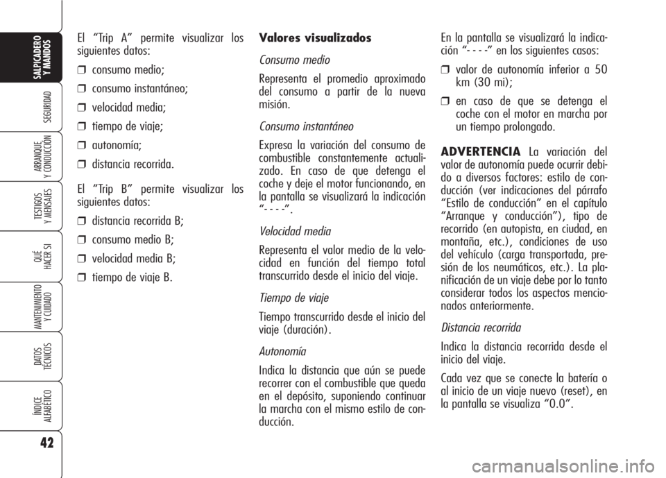 Alfa Romeo 159 2008 Manual de Empleo y Cuidado (in Spanish) 42
SEGURIDAD
TESTIGOS
Y MENSAJES
QUÉ
HACER SI
MANTENIMIENTO
Y CUIDADO
DATOS
TÉCNICOS
ÍNDICE
ALFABÉTICO
SALPICADERO
Y MANDOS
ARRANQUE
Y CONDUCCIÓN
Valores visualizados
Consumo medio
Representa e Alfa Romeo 159 2008 Manual de Empleo y Cuidado (in Spanish) 42
SEGURIDAD
TESTIGOS
Y MENSAJES
QUÉ
HACER SI
MANTENIMIENTO
Y CUIDADO
DATOS
TÉCNICOS
ÍNDICE
ALFABÉTICO
SALPICADERO
Y MANDOS
ARRANQUE
Y CONDUCCIÓN
Valores visualizados
Consumo medio
Representa e