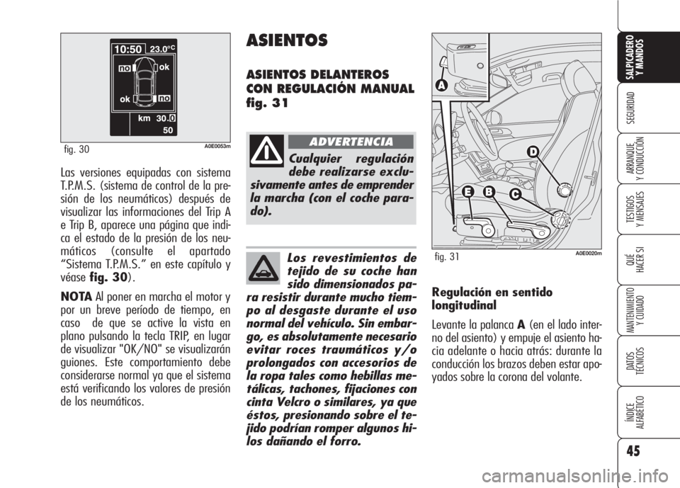 Alfa Romeo 159 2008  Manual de Empleo y Cuidado (in Spanish) 45
SEGURIDAD
TESTIGOS
Y MENSAJES
QUÉ
HACER SI
MANTENIMIENTO
Y CUIDADO
DATOS 
TÉCNICOS
ÍNDICE
ALFABÉTICO 
SALPICADERO
Y MANDOS 
ARRANQUE
Y CONDUCCIÓN
A0E0053mfig. 30
Las versiones equipadas con si