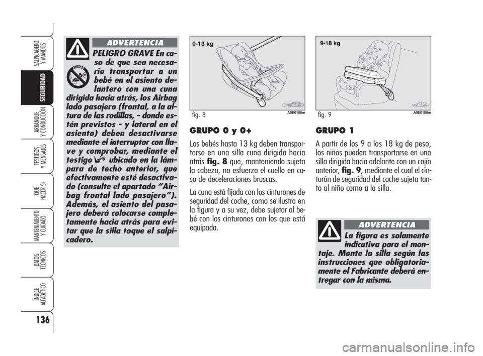 Alfa Romeo 159 2009  Manual de Empleo y Cuidado (in Spanish) 136
SEGURIDAD
TESTIGOS
Y MENSAJES
QUÉ
HACER SI
MANTENIMIENTO
Y CUIDADO
DATOS 
TÉCNICOS
ÍNDICE
ALFABÉTICO
SALPICADERO
Y MANDOS 
ARRANQUE
Y CONDUCCIÓNGRUPO 0 y 0+
Los bebés hasta 13 kg deben trans