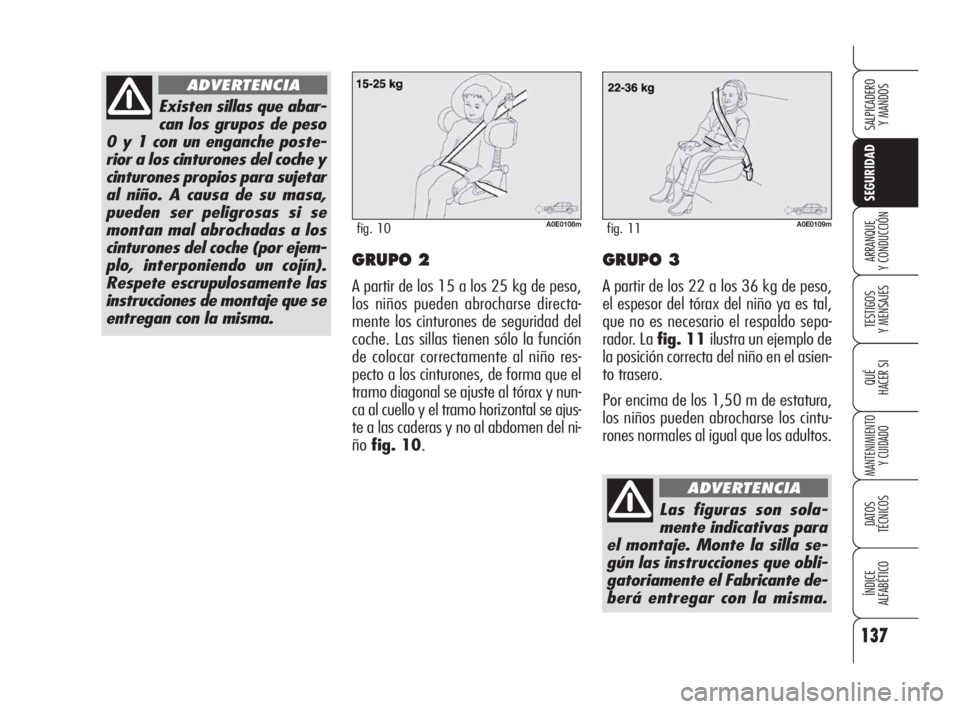 Alfa Romeo 159 2009  Manual de Empleo y Cuidado (in Spanish) 137
SEGURIDAD
TESTIGOS
Y MENSAJES
QUÉ
HACER SI
MANTENIMIENTO
Y CUIDADO
DATOS 
TÉCNICOS
ÍNDICE
ALFABÉTICO 
SALPICADERO
Y MANDOS 
ARRANQUE
Y CONDUCCIÓNGRUPO 2
A partir de los 15 a los 25 kg de peso
