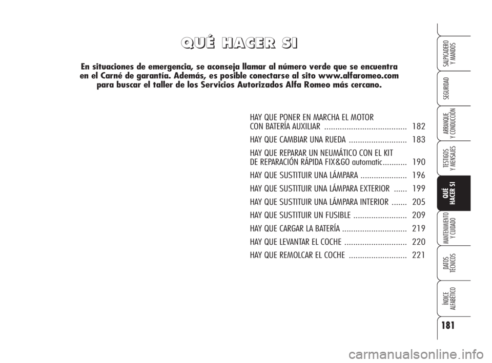 Alfa Romeo 159 2009  Manual de Empleo y Cuidado (in Spanish) 181
SEGURIDAD
TESTIGOS
Y MENSAJES
QUÉ
HACER SI
MANTENIMIENTO
Y CUIDADO
DATOS 
TÉCNICOS
ÍNDICE
ALFABÉTICO 
SALPICADERO
Y MANDOS 
ARRANQUE
Y CONDUCCIÓN
Q Q
U U
É É
H H
A A
C C
E E
R R
S S
I I
En 