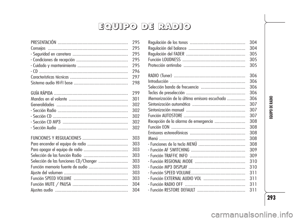 Alfa Romeo 159 2009  Manual de Empleo y Cuidado (in Spanish) 293
EQUIPO DE RADIO
Regulación de los tonos ............................................. 304
Regulación del balance .............................................. 304
Regulación del FADER ........