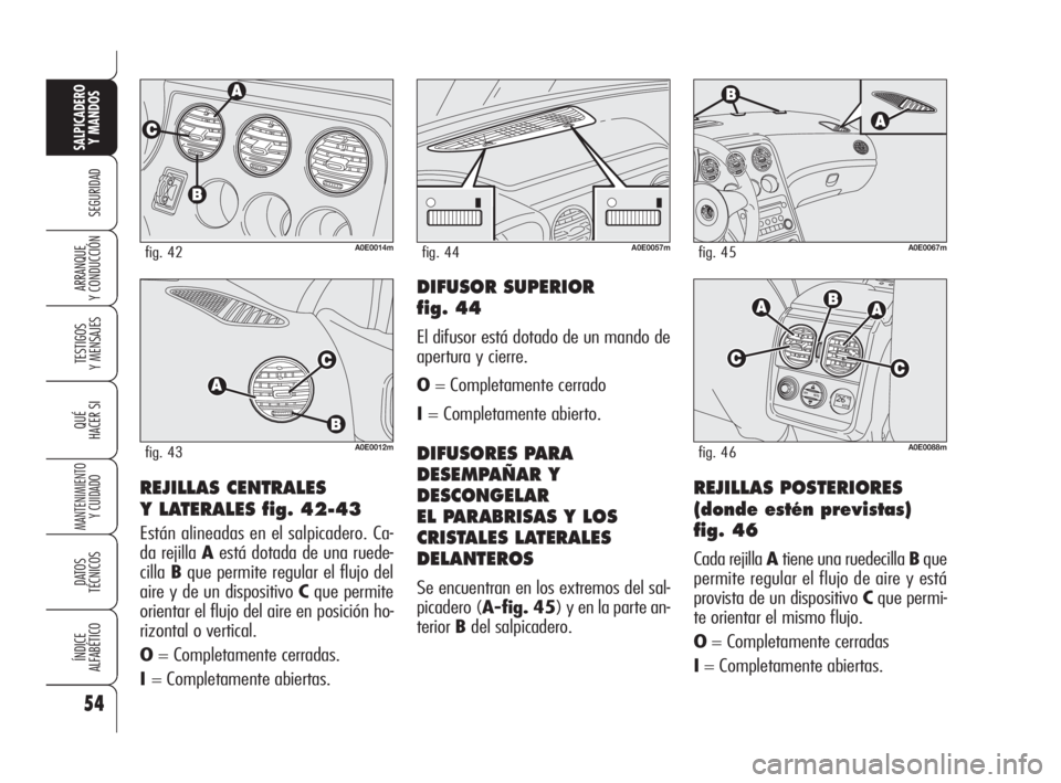 Alfa Romeo 159 2009  Manual de Empleo y Cuidado (in Spanish) 54
SEGURIDAD
TESTIGOS
Y MENSAJES
QUÉ
HACER SI
MANTENIMIENTO
Y CUIDADO
DATOS 
TÉCNICOS
ÍNDICE
ALFABÉTICO
SALPICADERO
Y MANDOS 
ARRANQUE
Y CONDUCCIÓN
REJILLAS CENTRALES 
Y LATERALES fig. 42-43
Est�