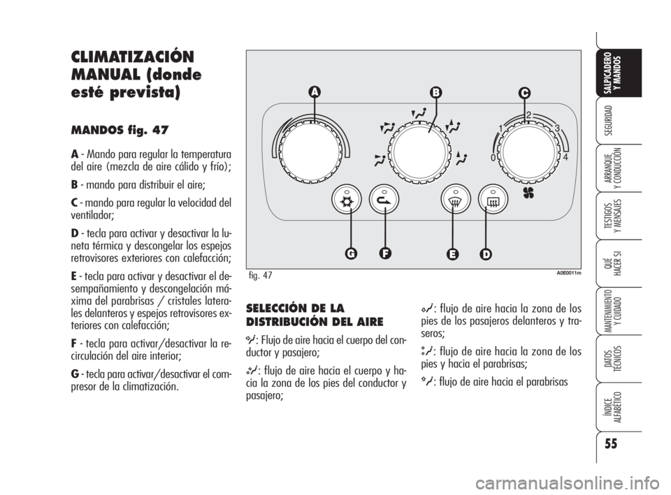 Alfa Romeo 159 2009  Manual de Empleo y Cuidado (in Spanish) 55
SEGURIDAD
TESTIGOS
Y MENSAJES
QUÉ
HACER SI
MANTENIMIENTO
Y CUIDADO
DATOS 
TÉCNICOS
ÍNDICE
ALFABÉTICO 
SALPICADERO
Y MANDOS 
ARRANQUE
Y CONDUCCIÓN
SELECCIÓN DE LA
DISTRIBUCIÓN DEL AIRE
O: Flu