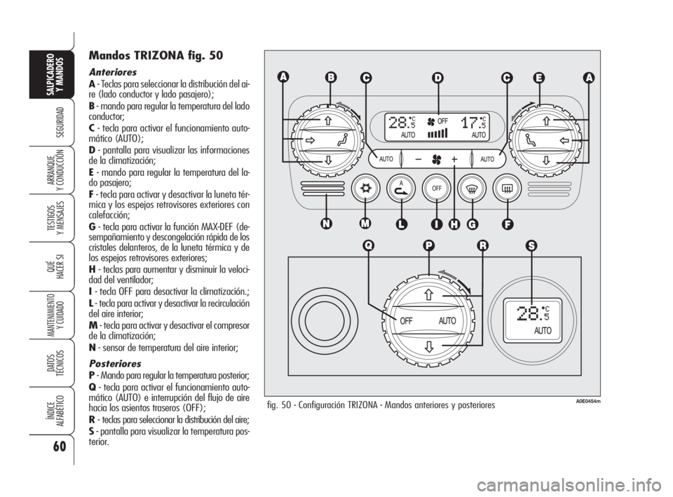 Alfa Romeo 159 2009 Manual de Empleo y Cuidado (in Spanish) 60
SEGURIDAD
TESTIGOS
Y MENSAJES
QUÉ
HACER SI
MANTENIMIENTO
Y CUIDADO
DATOS
TÉCNICOS
ÍNDICE
ALFABÉTICO
SALPICADERO
Y MANDOS
ARRANQUE
Y CONDUCCIÓN
Mandos TRIZONA fig. 50
Anteriores
A- Teclas par Alfa Romeo 159 2009 Manual de Empleo y Cuidado (in Spanish) 60
SEGURIDAD
TESTIGOS
Y MENSAJES
QUÉ
HACER SI
MANTENIMIENTO
Y CUIDADO
DATOS
TÉCNICOS
ÍNDICE
ALFABÉTICO
SALPICADERO
Y MANDOS
ARRANQUE
Y CONDUCCIÓN
Mandos TRIZONA fig. 50
Anteriores
A- Teclas par