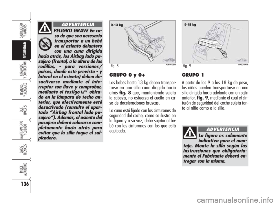 Alfa Romeo 159 2010  Manual de Empleo y Cuidado (in Spanish) 136
SEGURIDAD
TESTIGOS 
Y MENSAJES
QUÉ
HACER SI
MANTENIMIENTO
Y CUIDADO
DATOS 
TÉCNICOS
ÍNDICE 
ALFABÉTICO
SALPICADERO 
Y MANDOS 
ARRANQUE 
Y CONDUCCIÓNGRUPO 0 y 0+
Los bebés hasta 13 kg deben t