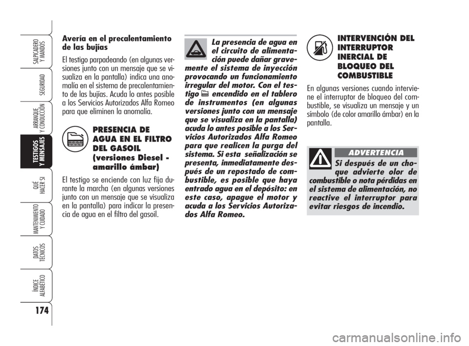 Alfa Romeo 159 2010  Manual de Empleo y Cuidado (in Spanish) INTERVENCIÓN DEL
INTERRUPTOR
INERCIAL DE
BLOQUEO DEL
COMBUSTIBLE
En algunas versiones cuando intervie-
ne el interruptor de bloqueo del com-
bustible, se visualiza un mensaje y un
símbolo (de color 