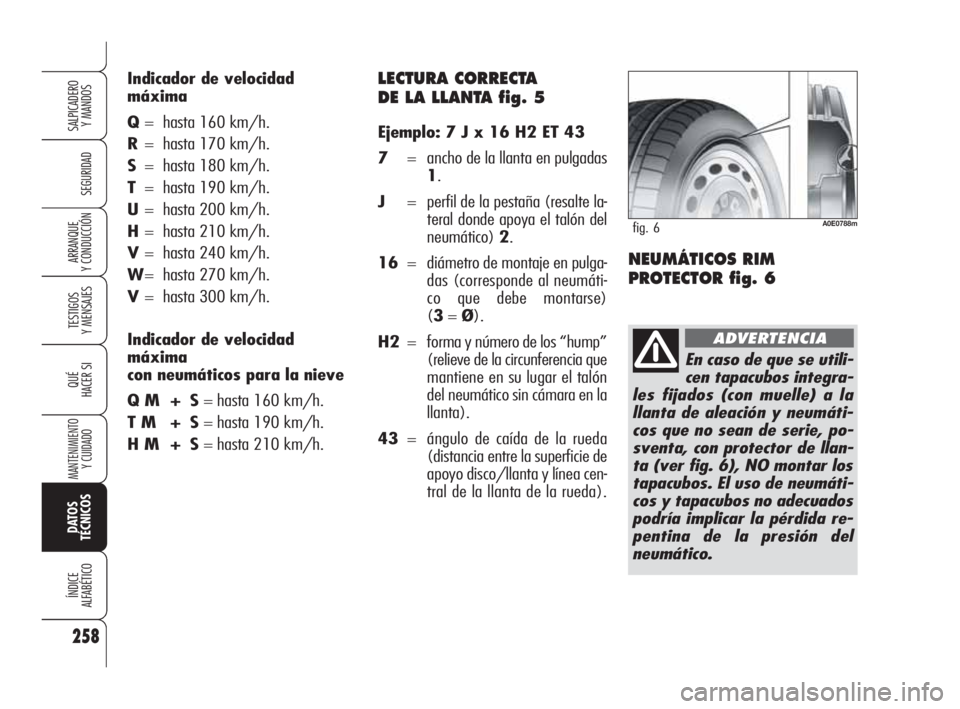Alfa Romeo 159 2010 Manual de Empleo y Cuidado (in Spanish) LECTURA CORRECTA
DE LA LLANTA fig. 5
Ejemplo: 7 J x 16 H2 ET 43
7= ancho de la llanta en pulgadas
1.
J= perfil de la pestaña (resalte la-
teral donde apoya el talón del
neumático) 2.
16= diámetr Alfa Romeo 159 2010 Manual de Empleo y Cuidado (in Spanish) LECTURA CORRECTA
DE LA LLANTA fig. 5
Ejemplo: 7 J x 16 H2 ET 43
7= ancho de la llanta en pulgadas
1.
J= perfil de la pestaña (resalte la-
teral donde apoya el talón del
neumático) 2.
16= diámetr