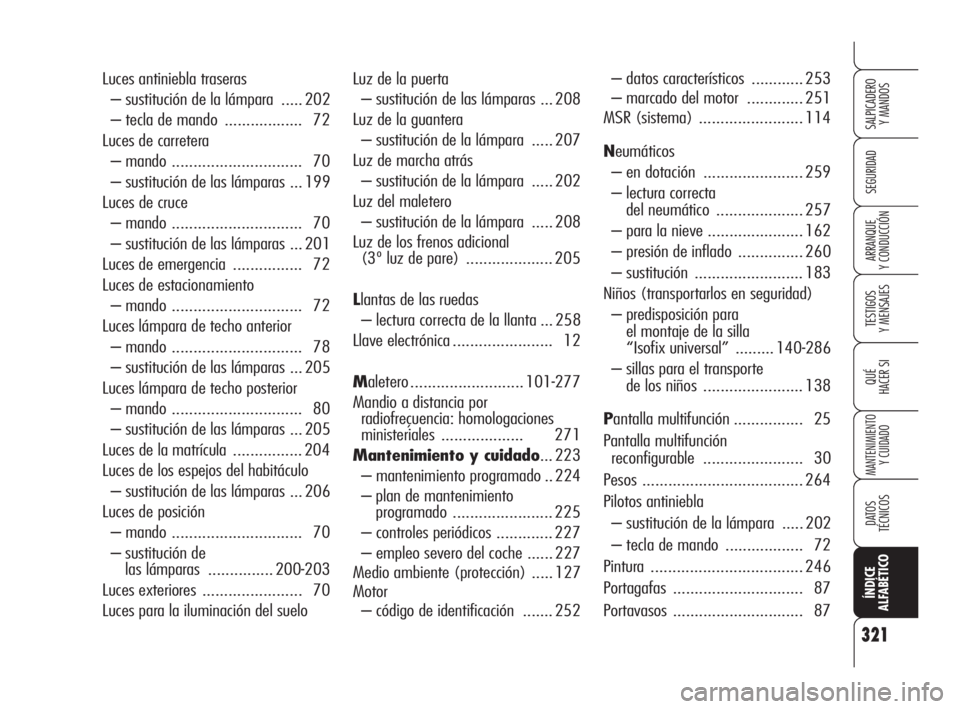 Alfa Romeo 159 2010  Manual de Empleo y Cuidado (in Spanish) 321
SEGURIDAD
TESTIGOS 
Y MENSAJES
QUÉ
HACER SI
MANTENIMIENTO
Y CUIDADO 
DATOS 
TÉCNICOS
ÍNDICE 
ALFABÉTICO
SALPICADERO 
Y MANDOS 
ARRANQUE 
Y CONDUCCIÓN
Luz de la puerta
– sustitución de las 