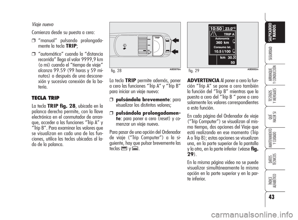 Alfa Romeo 159 2010  Manual de Empleo y Cuidado (in Spanish) 43
SEGURIDAD
TESTIGOS 
Y MENSAJES
QUÉ
HACER SI
MANTENIMIENTO
Y CUIDADO
DATOS 
TÉCNICOS
ÍNDICE 
ALFABÉTICO 
SALPICADERO
Y MANDOS 
ARRANQUE 
Y CONDUCCIÓNLa tecla TRIPpermite además, poner
a cero l