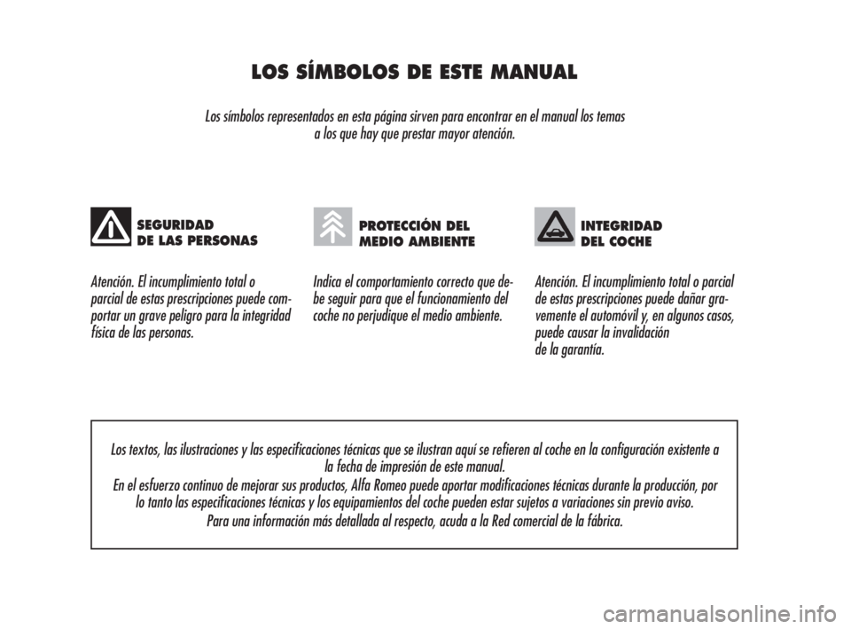 Alfa Romeo 159 2010  Manual de Empleo y Cuidado (in Spanish) LOS SÍMBOLOS DE ESTE MANUAL
Los símbolos representados en esta página sirven para encontrar en el manual los temas 
a los que hay que prestar mayor atención.
Atención. El incumplimiento total o 
