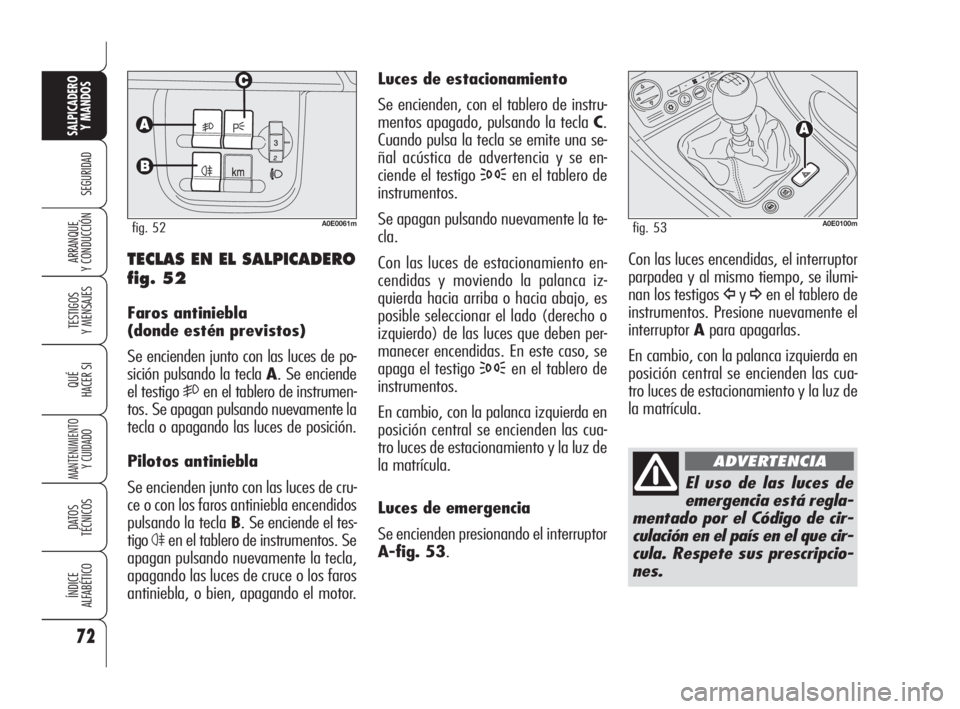 Alfa Romeo 159 2010 Manual de Empleo y Cuidado (in Spanish) 72
SEGURIDAD
TESTIGOS
Y MENSAJES
QUÉ
HACER SI
MANTENIMIENTO
Y CUIDADO
DATOS
TÉCNICOS
ÍNDICE
ALFABÉTICO
SALPICADERO
Y MANDOS
ARRANQUE
Y CONDUCCIÓN
Luces de estacionamiento
Se encienden, con e Alfa Romeo 159 2010 Manual de Empleo y Cuidado (in Spanish) 72
SEGURIDAD
TESTIGOS
Y MENSAJES
QUÉ
HACER SI
MANTENIMIENTO
Y CUIDADO
DATOS
TÉCNICOS
ÍNDICE
ALFABÉTICO
SALPICADERO
Y MANDOS
ARRANQUE
Y CONDUCCIÓN
Luces de estacionamiento
Se encienden, con e
