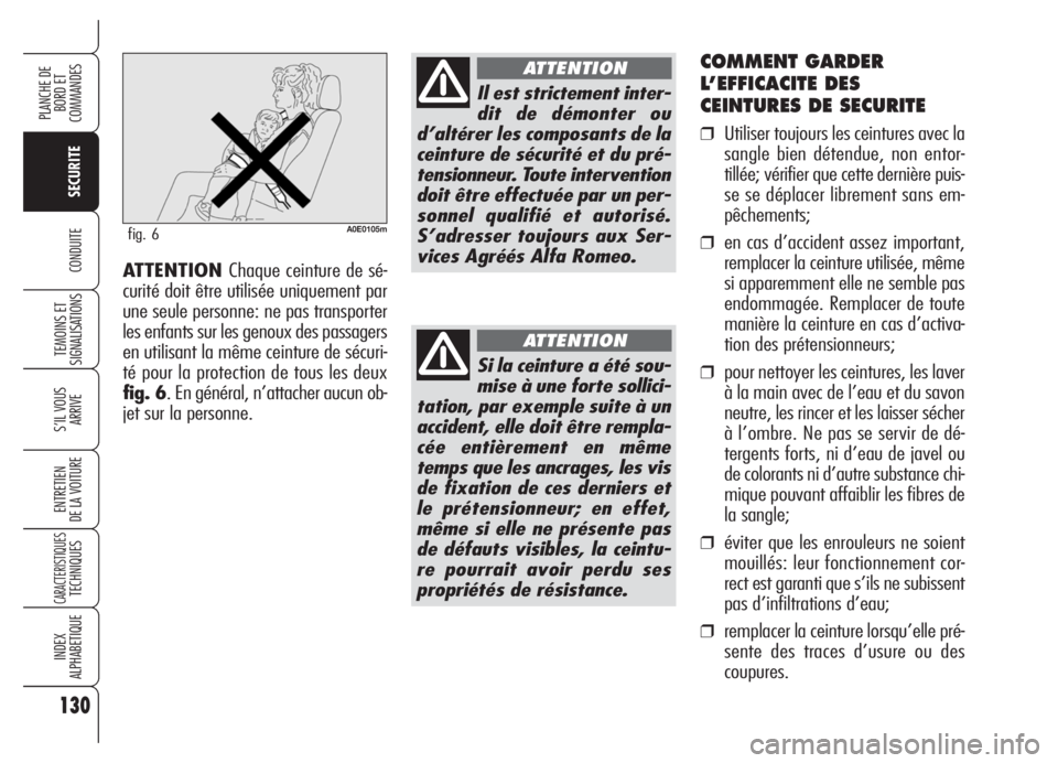 Alfa Romeo 159 2005  Notice dentretien (in French) 130
SECURITE
TEMOINS ET
SIGNALISATIONS
S’IL VOUS 
ARRIVE
ENTRETIEN
DE LA VOITURE
CARACTERISTIQUESTECHNIQUES
INDEX
ALPHABETIQUE
PLANCHE DE
BORD ET 
COMMANDES
CONDUITE
COMMENT GARDER
L’EFFICACITE DE