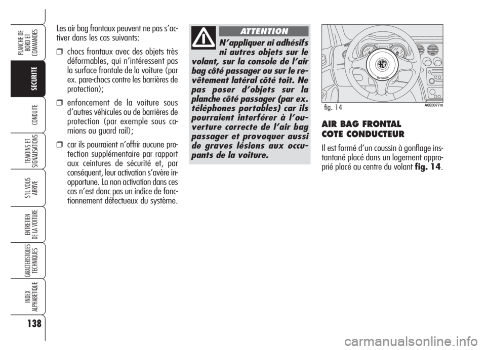 Alfa Romeo 159 2005  Notice dentretien (in French) 138
SECURITE
TEMOINS ET
SIGNALISATIONS
S’IL VOUS 
ARRIVE
ENTRETIEN
DE LA VOITURE
CARACTERISTIQUESTECHNIQUES
INDEX
ALPHABETIQUE
PLANCHE DE
BORD ET 
COMMANDES
CONDUITEAIR BAG FRONTAL 
COTE CONDUCTEUR
