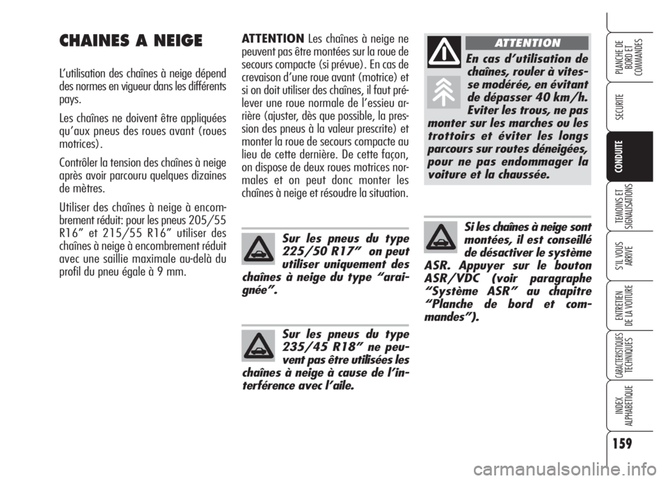 Alfa Romeo 159 2005  Notice dentretien (in French) 159
SECURITE
TEMOINS ET
SIGNALISATIONS
S’IL VOUS 
ARRIVE
ENTRETIEN
DE LA VOITURE
CARACTERISTIQUESTECHNIQUES
INDEX
ALPHABETIQUE
PLANCHE DE
BORD ET 
COMMANDES
CONDUITE
Sur les pneus du type
235/45 R18