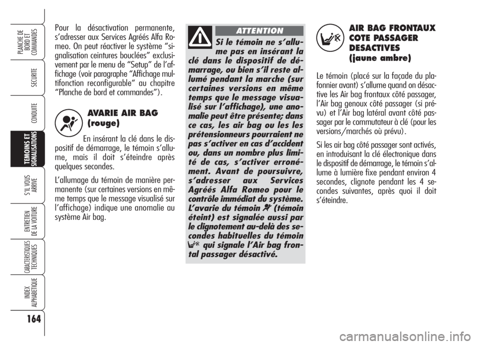 Alfa Romeo 159 2005  Notice dentretien (in French) AVARIE AIR BAG
(rouge)
En insérant la clé dans le dis-
positif de démarrage, le témoin s’allu-
me, mais il doit s’éteindre après
quelques secondes. 
L’allumage du témoin de manière per-
