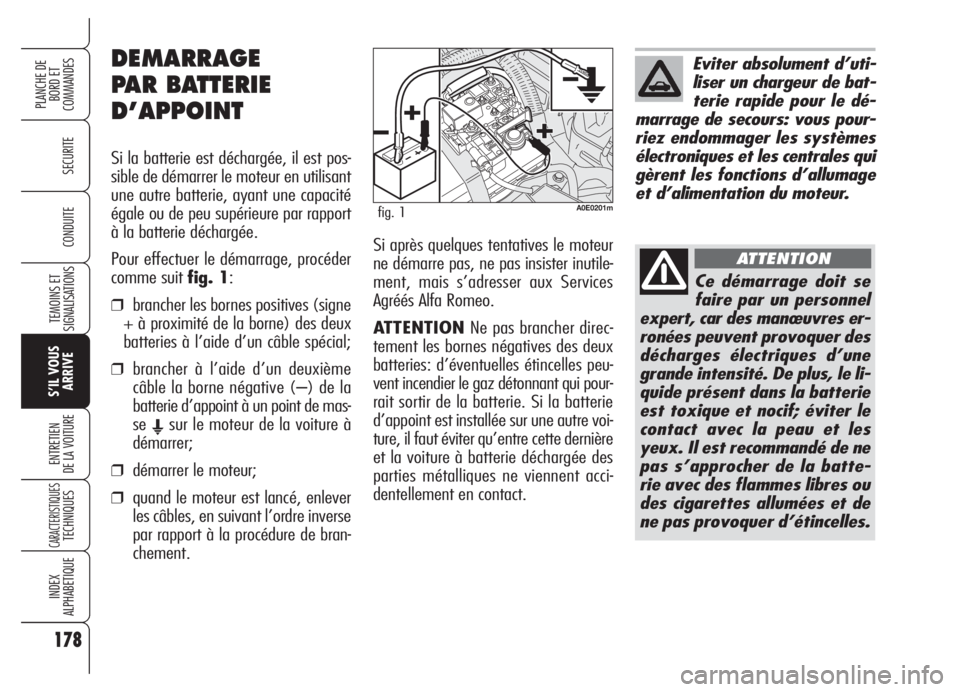 Alfa Romeo 159 2005 Notice dentretien (in French) 178
SECURITE
TEMOINS ET
SIGNALISATIONS
S’IL VOUS
ARRIVE
ENTRETIEN
DE LA VOITURE
CARACTERISTIQUESTECHNIQUES
INDEX
ALPHABETIQUE
PLANCHE DE
BORD ET
COMMANDES
CONDUITE
DEMARRAGE
PAR BATTERIE
D’APPOIN Alfa Romeo 159 2005 Notice dentretien (in French) 178
SECURITE
TEMOINS ET
SIGNALISATIONS
S’IL VOUS
ARRIVE
ENTRETIEN
DE LA VOITURE
CARACTERISTIQUESTECHNIQUES
INDEX
ALPHABETIQUE
PLANCHE DE
BORD ET
COMMANDES
CONDUITE
DEMARRAGE
PAR BATTERIE
D’APPOIN