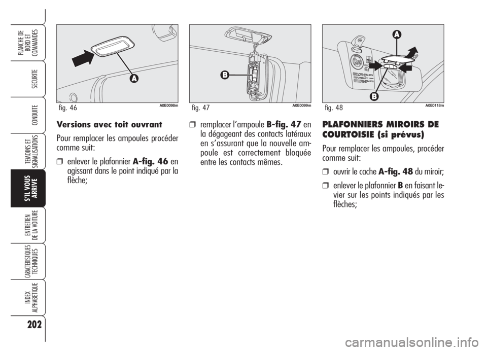 Alfa Romeo 159 2005  Notice dentretien (in French) Versions avec toit ouvrant
Pour remplacer les ampoules procéder
comme suit:
❒enlever le plafonnier A-fig. 46en
agissant dans le point indiqué par la
flèche;
❒remplacer l’ampoule B-fig. 47en
l