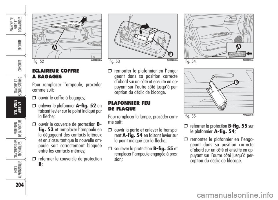 Alfa Romeo 159 2005  Notice dentretien (in French) ECLAIREUR COFFRE 
A BAGAGES
Pour remplacer l’ampoule, procéder
comme suit:
❒ouvrir le coffre à bagages;
❒enlever le plafonnier A-fig. 52en
faisant levier sur le point indiqué par
la flèche;

