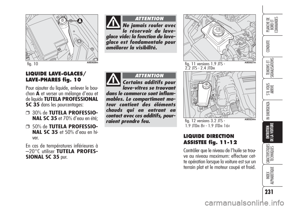 Alfa Romeo 159 2005  Notice dentretien (in French) 231
CONDUITE
S’IL VOUS 
ARRIVE
IN EMERGENZA
ENTRETIEN
DE LA VOITURE
CARACTERISTIQUESTECHNIQUES
INDEX
ALPHABETIQUE
PLANCHE DE
BORD ET 
COMMANDES
TEMOINS ET 
SIGNALISATIONS
LIQUIDE DIRECTION
ASSISTEE 